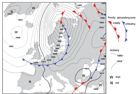Mapa synoptyczna Europy w kwietniu: głęboki niż nad Skandynawią (ok. 965 hPa), wyż nad Atlantykiem (ok. 1040 hPa). Od niżu na południowy zachód biegnie front chłodny przez kraje bałtyckie i środkową Polskę aż nad Wyspy Brytyjskie; dalej na wschodzie fronty ciepłe i chłodne innego układu.