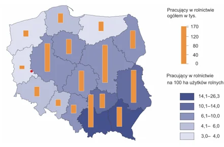 Mapa nr 1: kartogram liczby pracujących w rolnictwie na 100 ha użytków rolnych według województw (od 3,0–4,0 na zachodzie i północy do 14,1–26,3 w małopolskim i podkarpackim) oraz kartodiagram słupkowy liczby pracujących w rolnictwie ogółem w tysiącach.