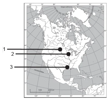 Konturowa mapa Ameryki Północnej z siatką geograficzną. Punkt 1 na Wielkich Równinach w środkowej części USA (ok. 43°N), punkt 2 na południe od Wielkich Jezior (ok. 40°N), punkt 3 w dolnym biegu Missisipi nad Zatoką Meksykańską (ok. 32°N).