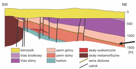 Przekrój geologiczny z południowego zachodu na północny wschód do głębokości ok. 1500 m: na górze cienka pokrywa kenozoiczna, niżej warstwy triasu i permu nachylone ku północnemu wschodowi, pod nimi karbon i skały metamorficzne, liczne uskoki. Strzałka wskazuje cienką serię złożową na granicy permu dolnego i górnego na głębokości ok. 1000–1200 m.